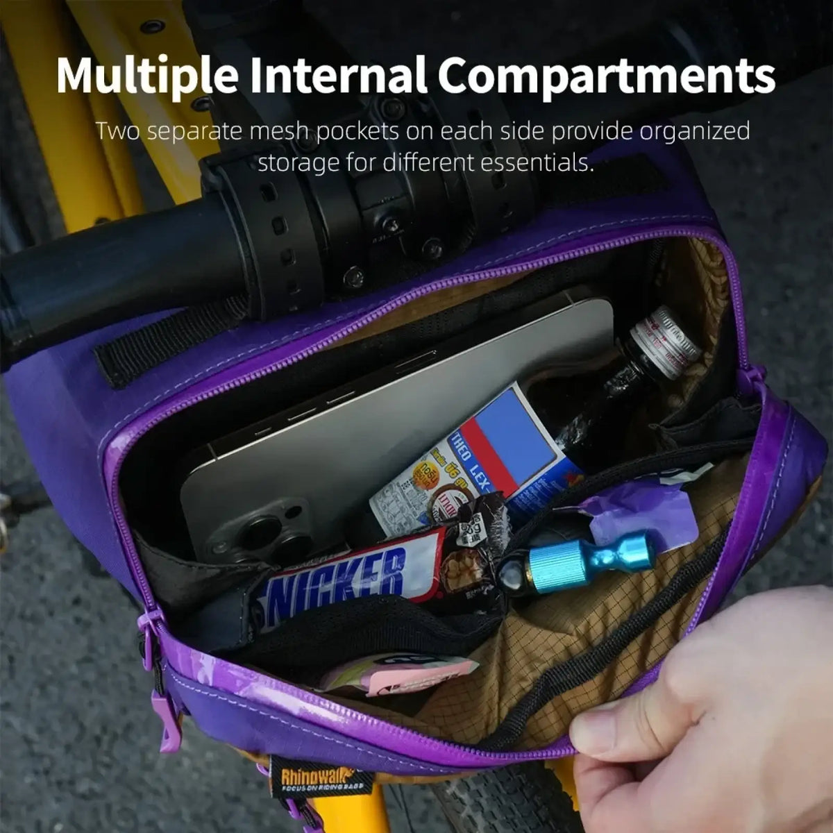 Purple rhinowalk bike handlebar bag 2.5l waterproof storage with mesh compartments holding phone and snacks