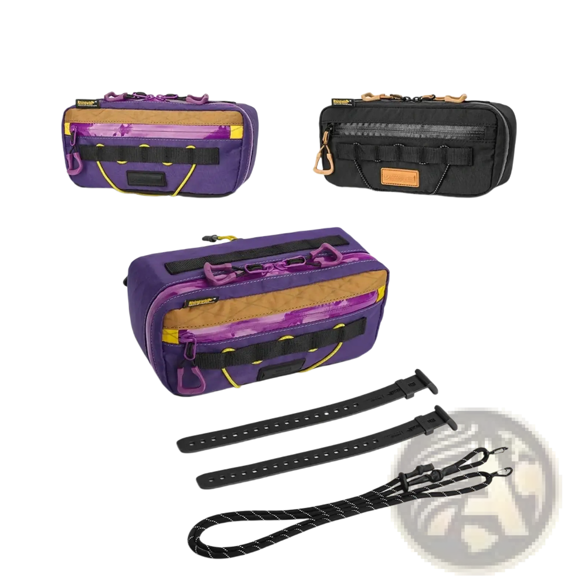 Purple and tan rhinowalk bike handlebar bag 2.5l with yellow zipper pulls and black webbing straps for waterproof storage