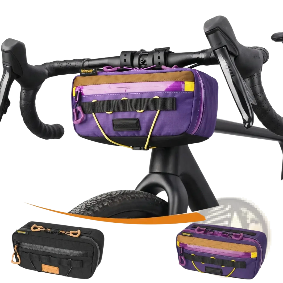 Purple and tan rhinowalk bike handlebar bag with yellow accents 2.5l waterproof storage for cycling use