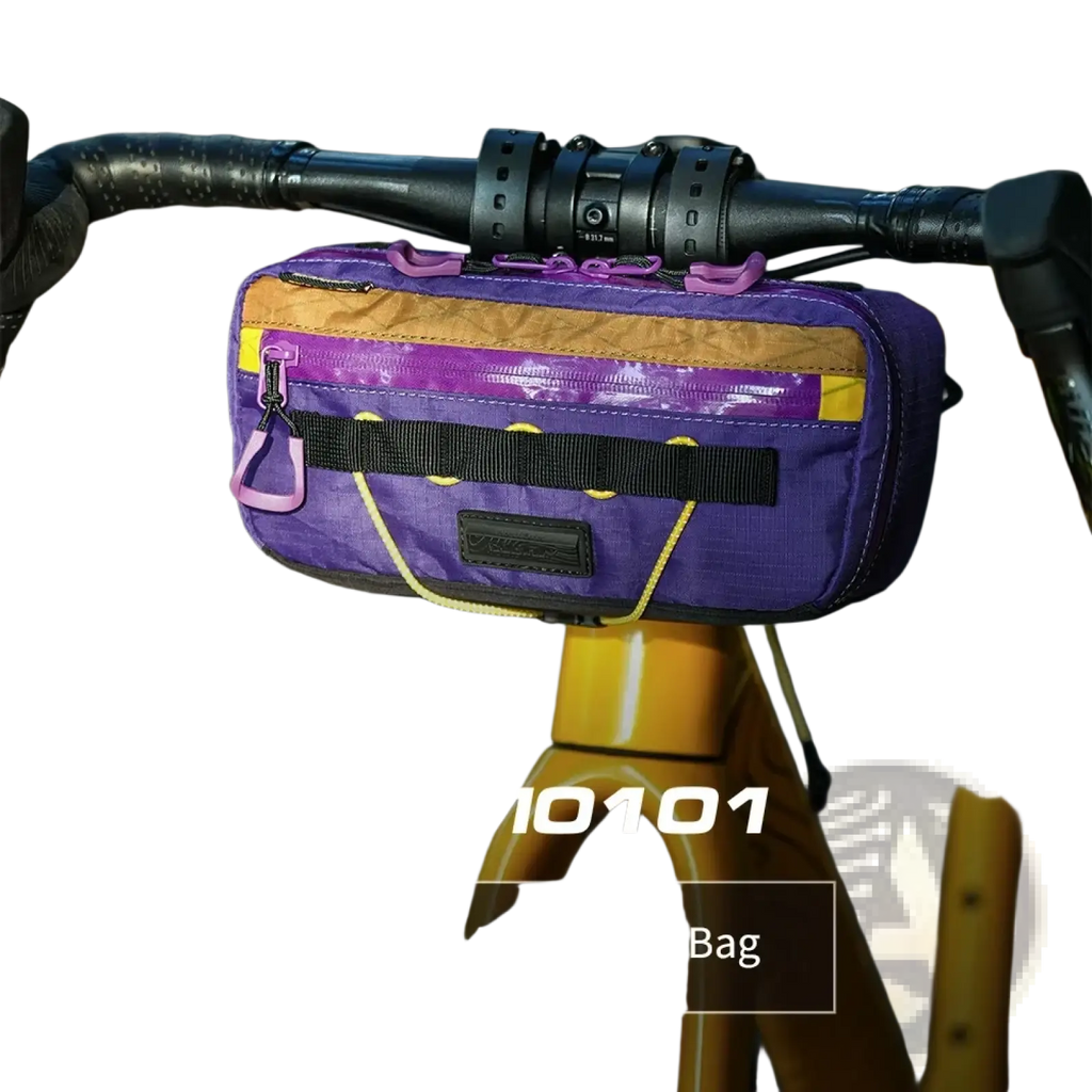 Purple and tan Rhinowalk bike handlebar bag 2.5l waterproof storage with yellow accents black strap and purple carabiner