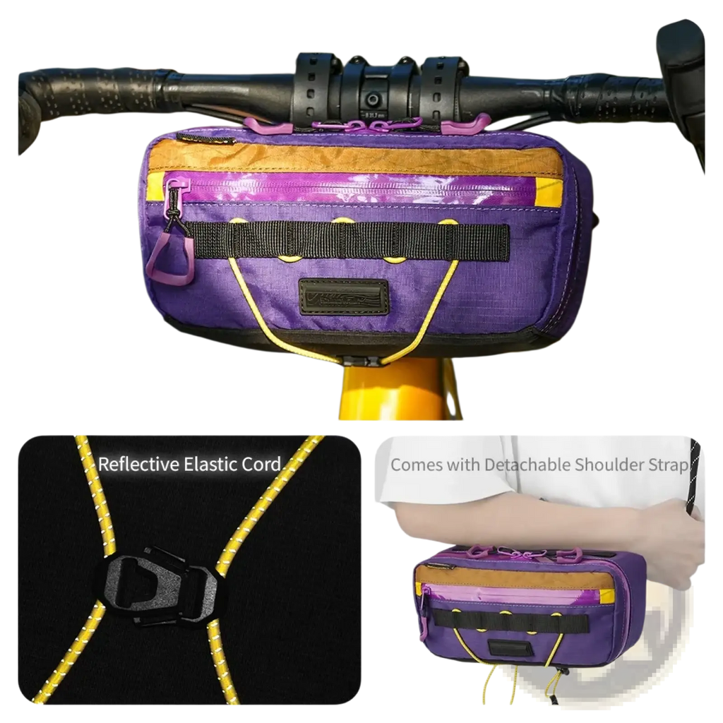 Rhinowalk bike handlebar bag 2.5l waterproof storage with purple and yellow reflective elastic cords and black strap accents