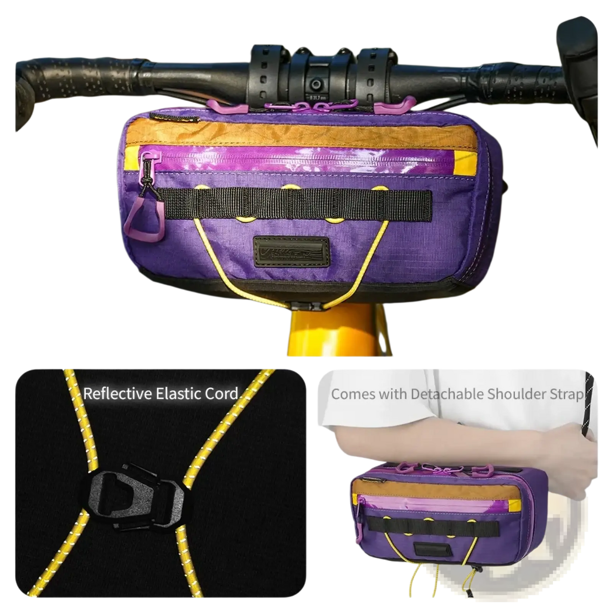 Rhinowalk bike handlebar bag 2.5l waterproof storage with purple and yellow reflective elastic cords and black strap accents