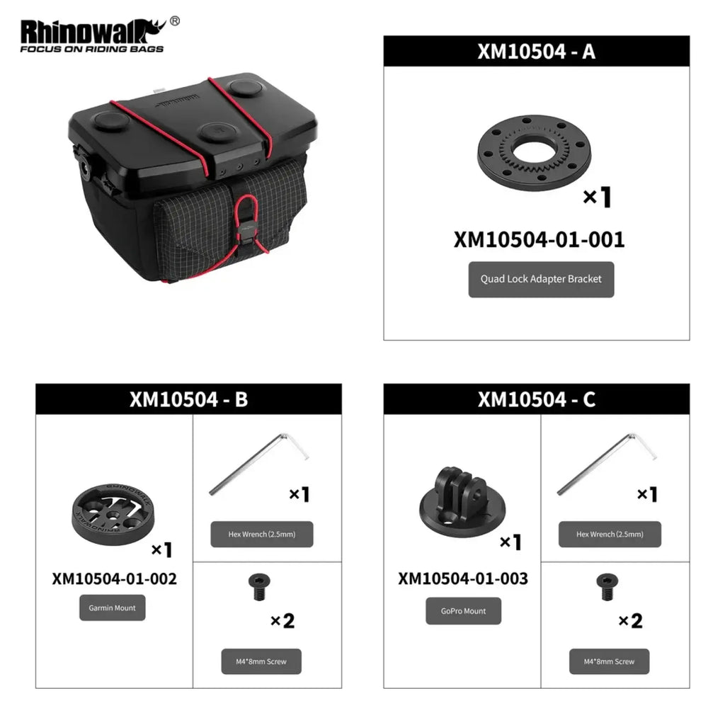 Black rhinowalk bike handlebar bag with red straps and textured fabric body for cycling accessory use