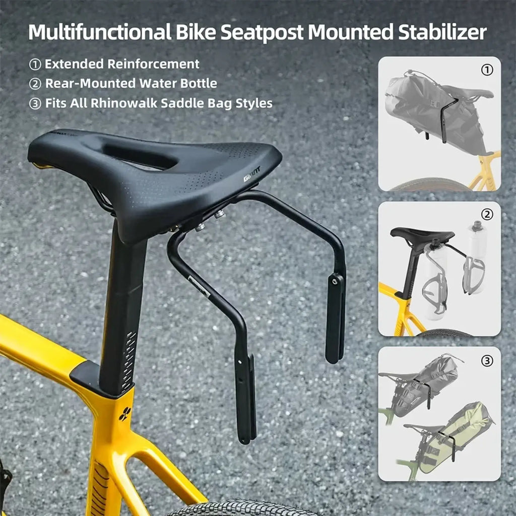 Black metal rhinowalk bike saddle bag stabilizer bracket with curved arms and adjustable clamps mounted on seatpost