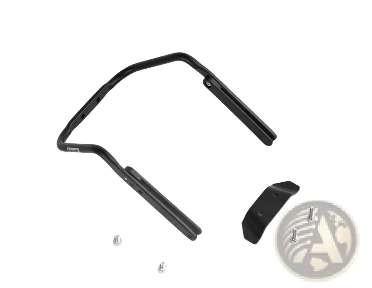 Black metal Rhinowalk bike saddle bag stabilizer bracket with adjustable arms and mounting hardware shown from the back side