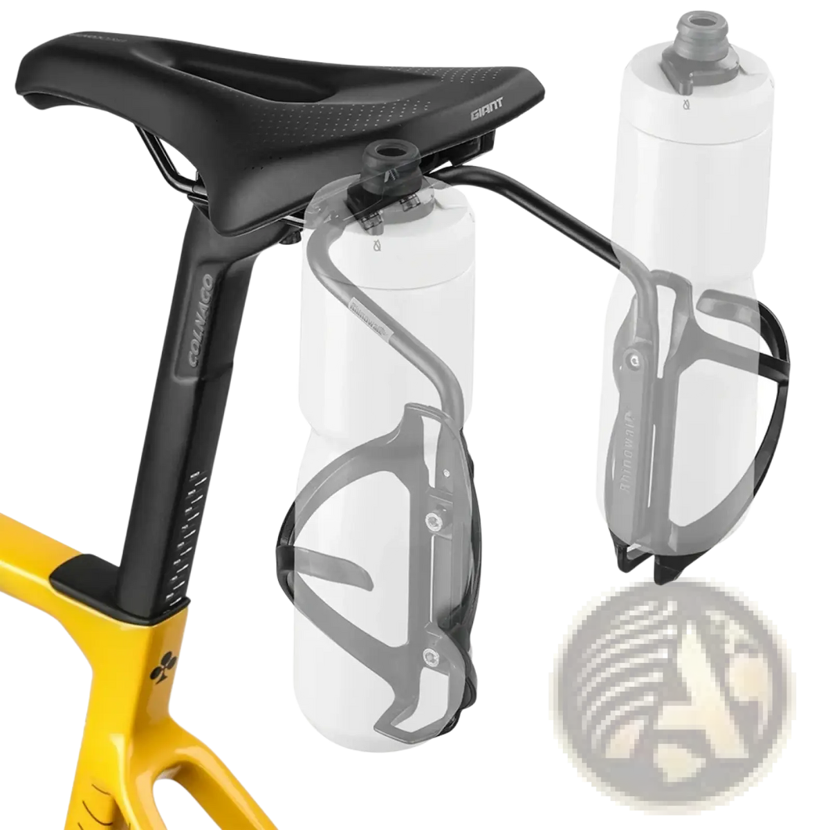 Black metal bike water bottle cage holding a white bottle attached to rhinowalk bike saddle bag stabilizer bracket back side