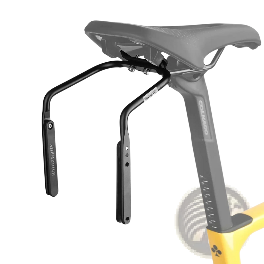 Black metal rhinowalk bike saddle bag stabilizer bracket with sleek curved design and adjustable arms for secure attachment