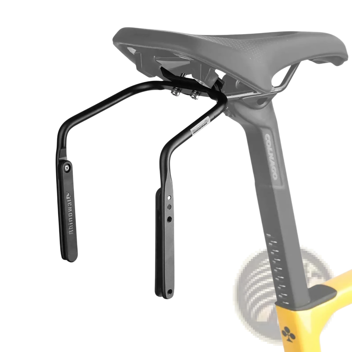 Black metal rhinowalk bike saddle bag stabilizer bracket with sleek curved design and adjustable arms for secure attachment