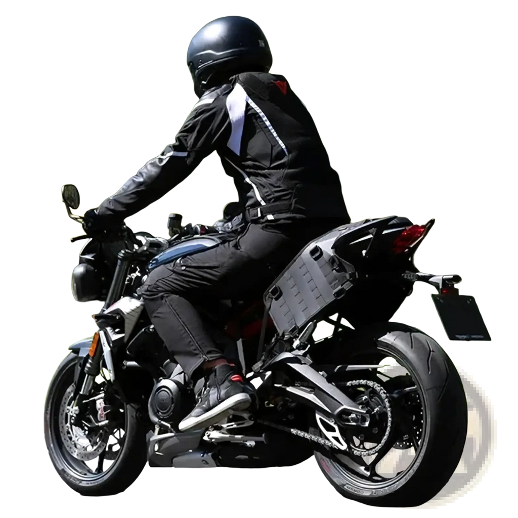Black motorcycle with silver accents featuring Rhinowalk motorcycle saddle bag mounting base on the rear side