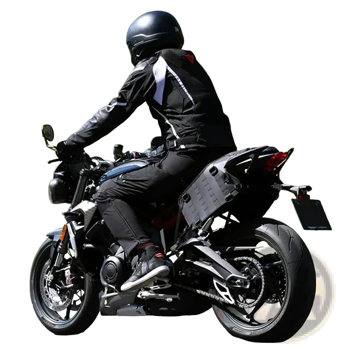 Black motorcycle with silver accents featuring Rhinowalk motorcycle saddle bag mounting base on the rear side
