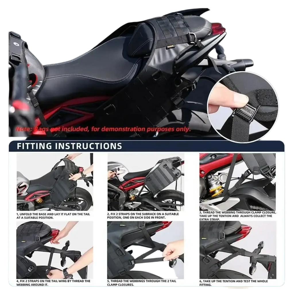 Black Rhinowalk tactical motorcycle saddle bag with adjustable straps and rugged durable design showing the back side
