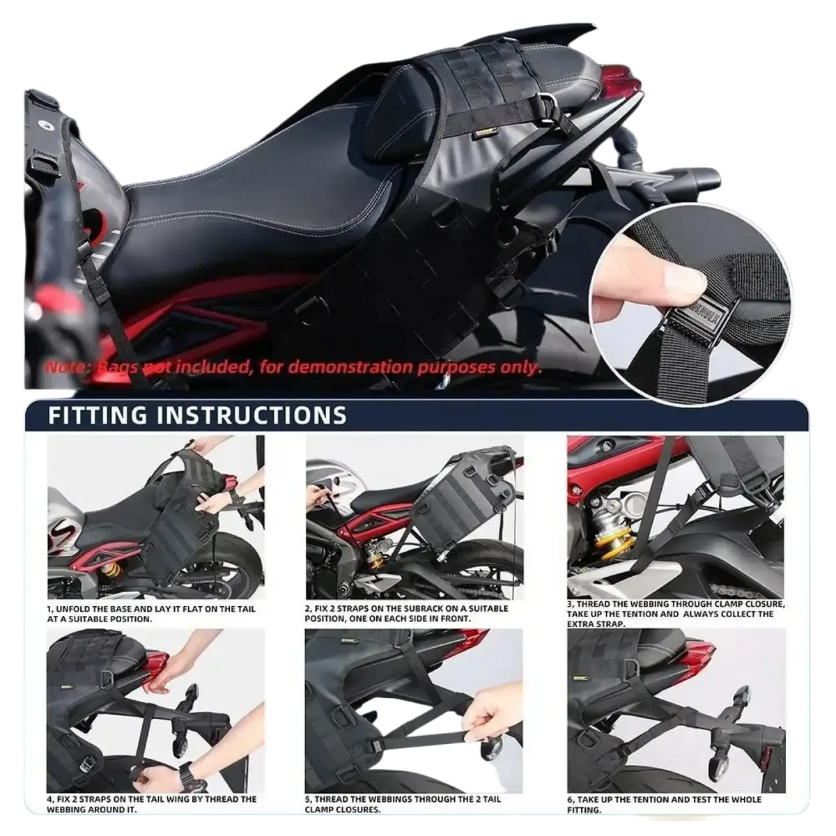 Black Rhinowalk tactical motorcycle saddle bag with adjustable straps and rugged durable design showing the back side