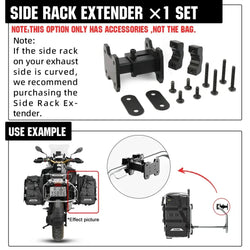Black metal rhinowalk motorcycle side bag rack extender kit showing the back side of the product