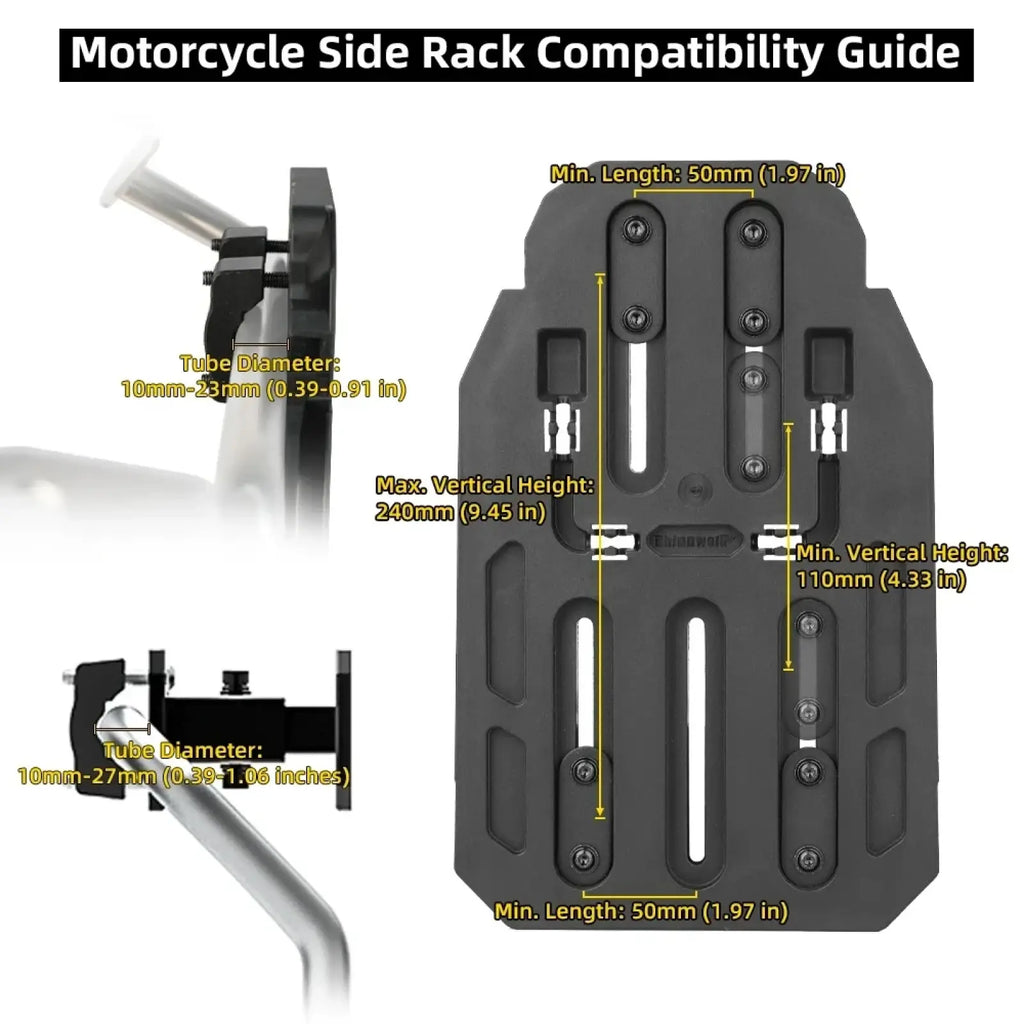 Black plastic rhinowalk motorcycle side bag rack extender showing adjustable slots and mounting hardware from back side