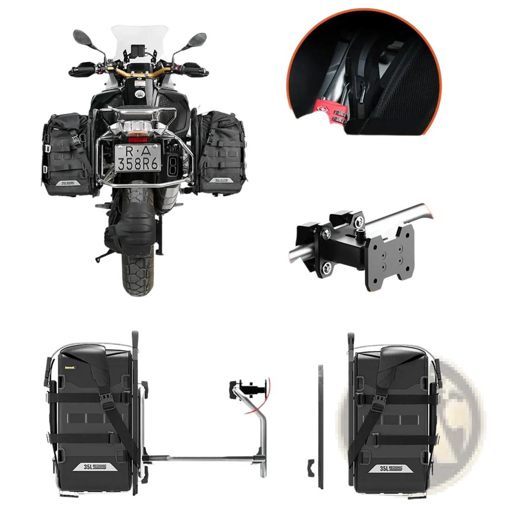 Black rhinowalk motorcycle side bags with reinforced straps and metal mounting bracket shown from the back side