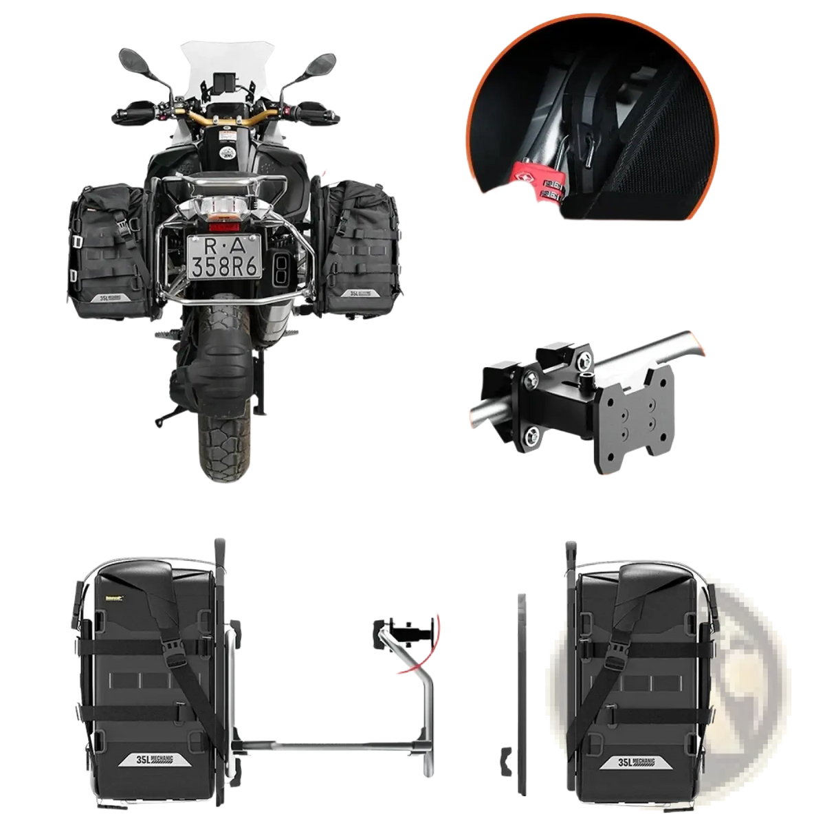 Black rhinowalk motorcycle side bags with reinforced straps and metal mounting bracket shown from the back side