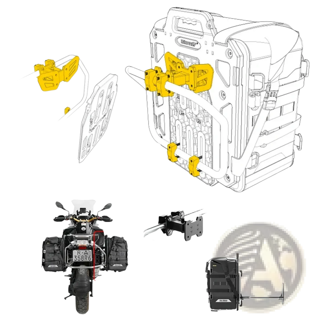 Yellow plastic mounting brackets for rhinowalk motorcycle side bag rack extender shown from the back side
