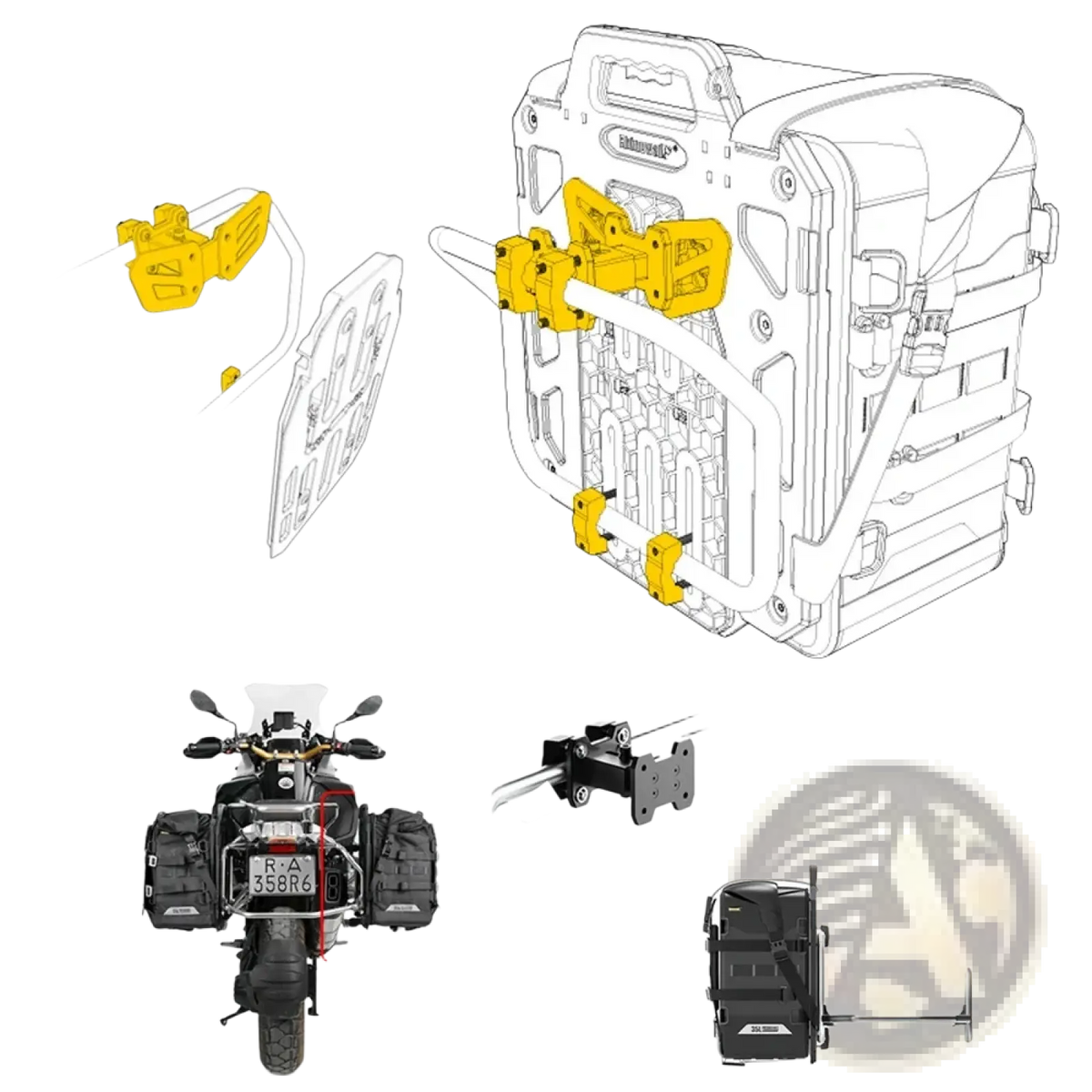 Yellow plastic mounting brackets for rhinowalk motorcycle side bag rack extender shown from the back side