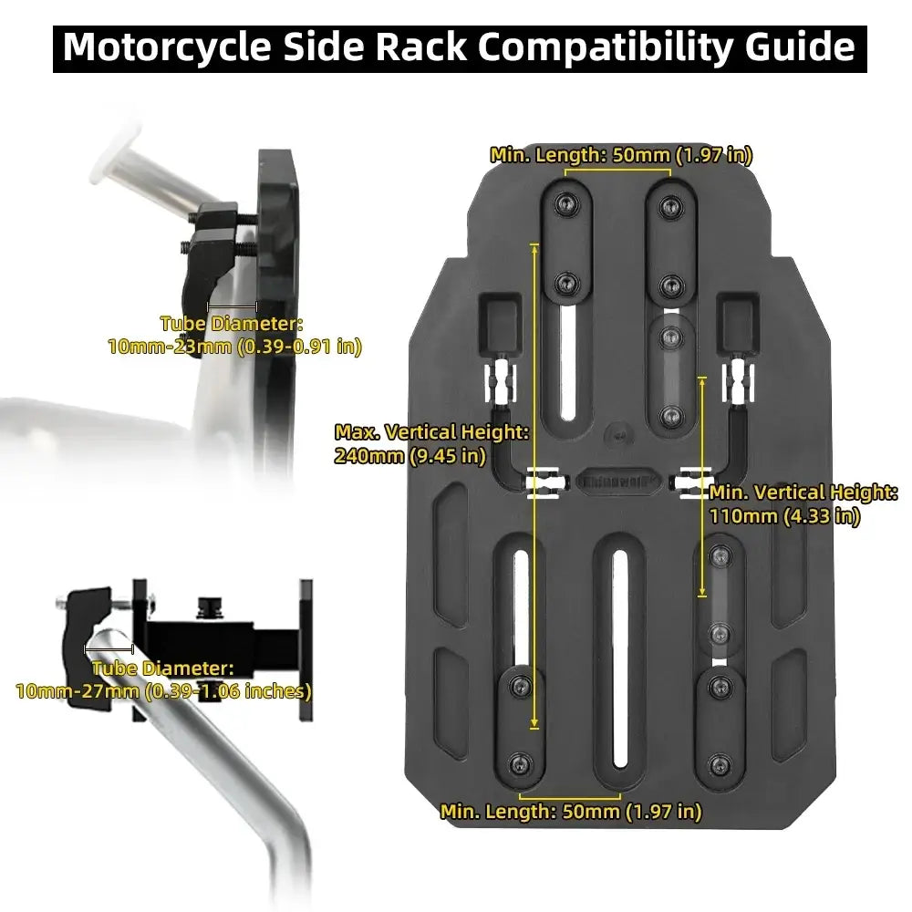 Black plastic rhinowalk motorcycle side bag rack extender showing adjustable slots and mounting hardware from back side