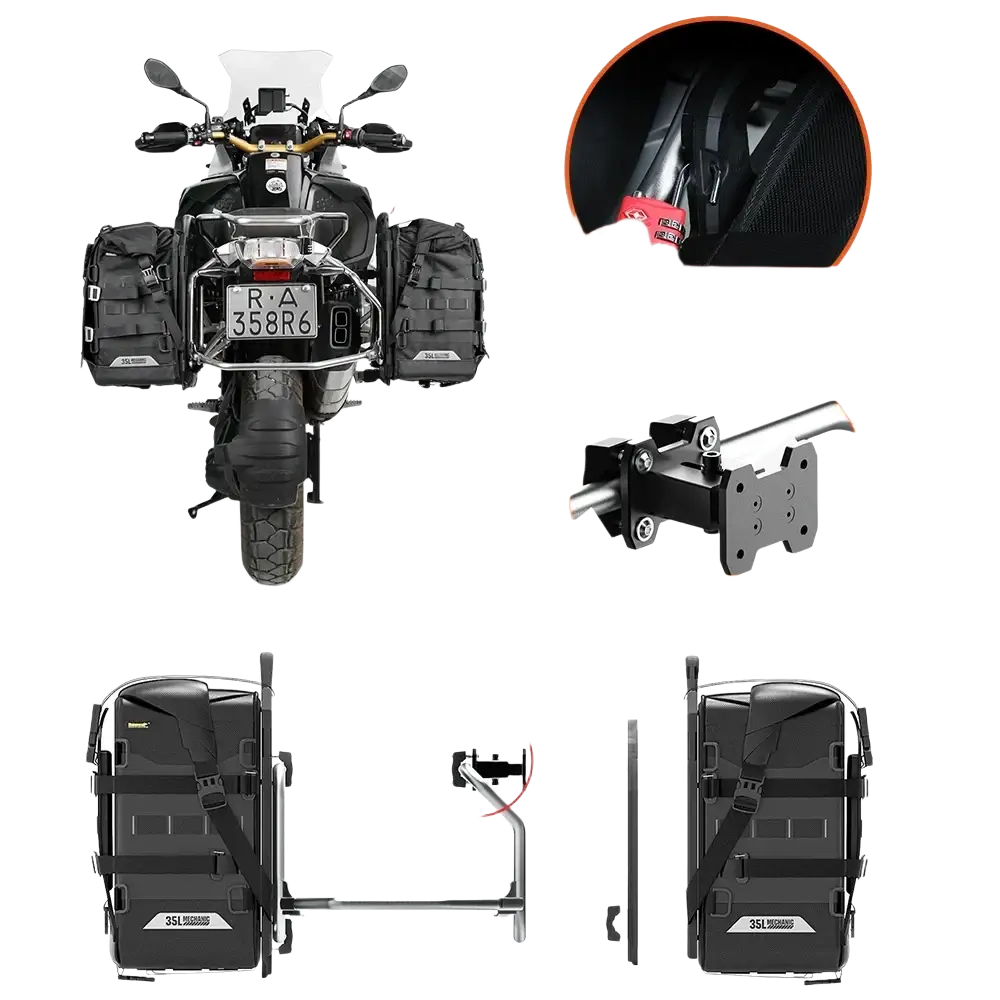 Black rhinowalk motorcycle side bags with reinforced straps and metal mounting bracket shown from the back side