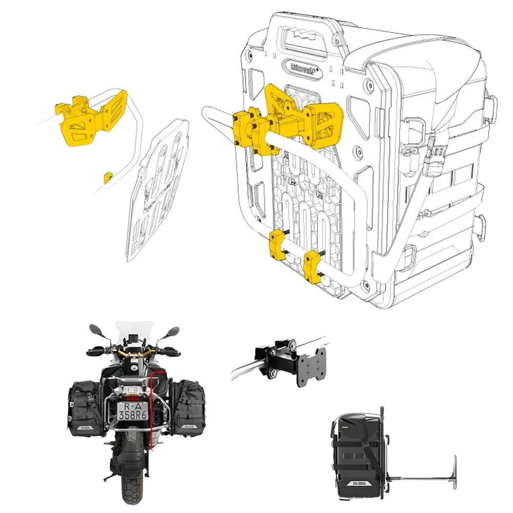 Yellow plastic mounting brackets for rhinowalk motorcycle side bag rack extender shown from the back side