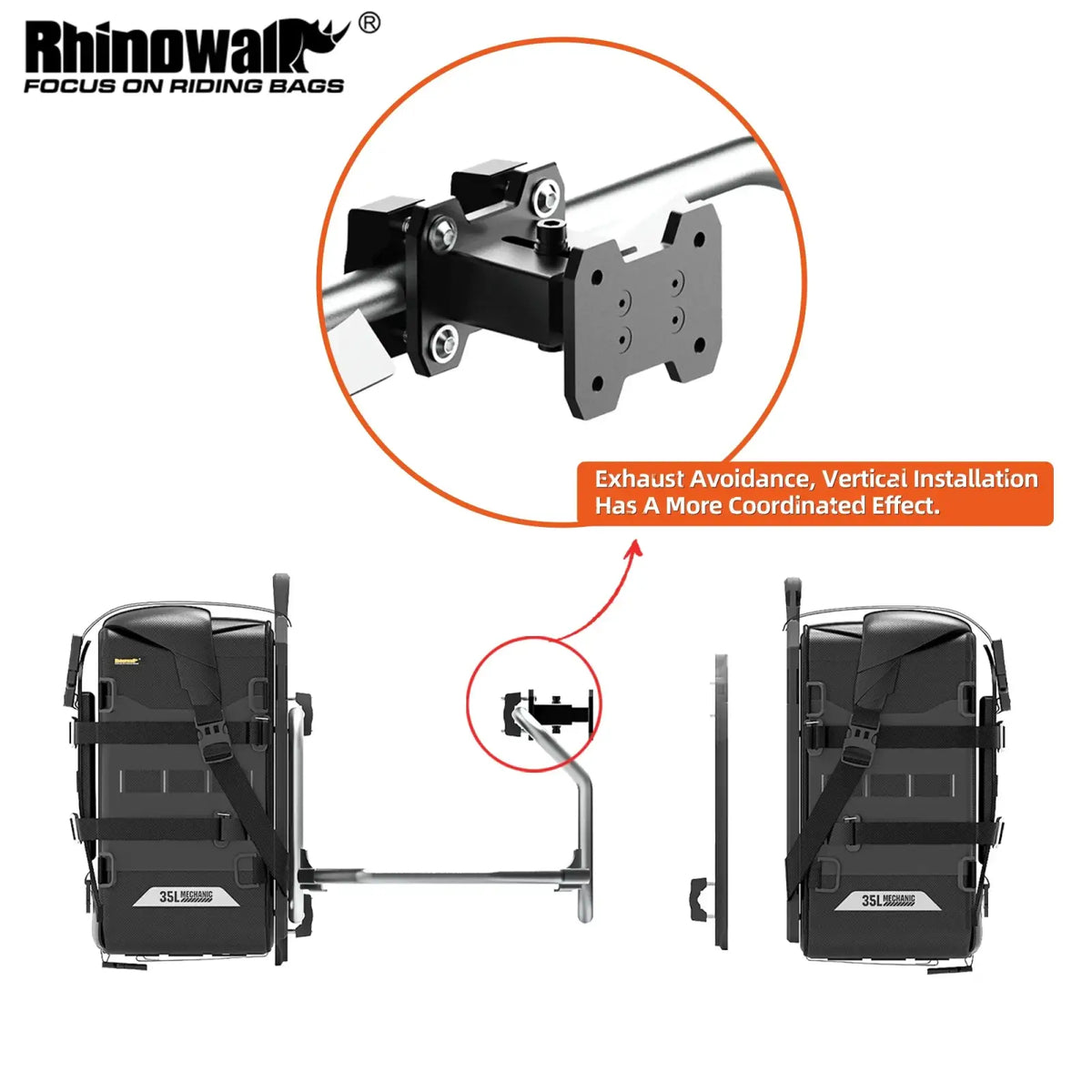 Black rhinowalk 35l motorcycle side bag with adjustable mounting bracket and reinforced straps shown from back side
