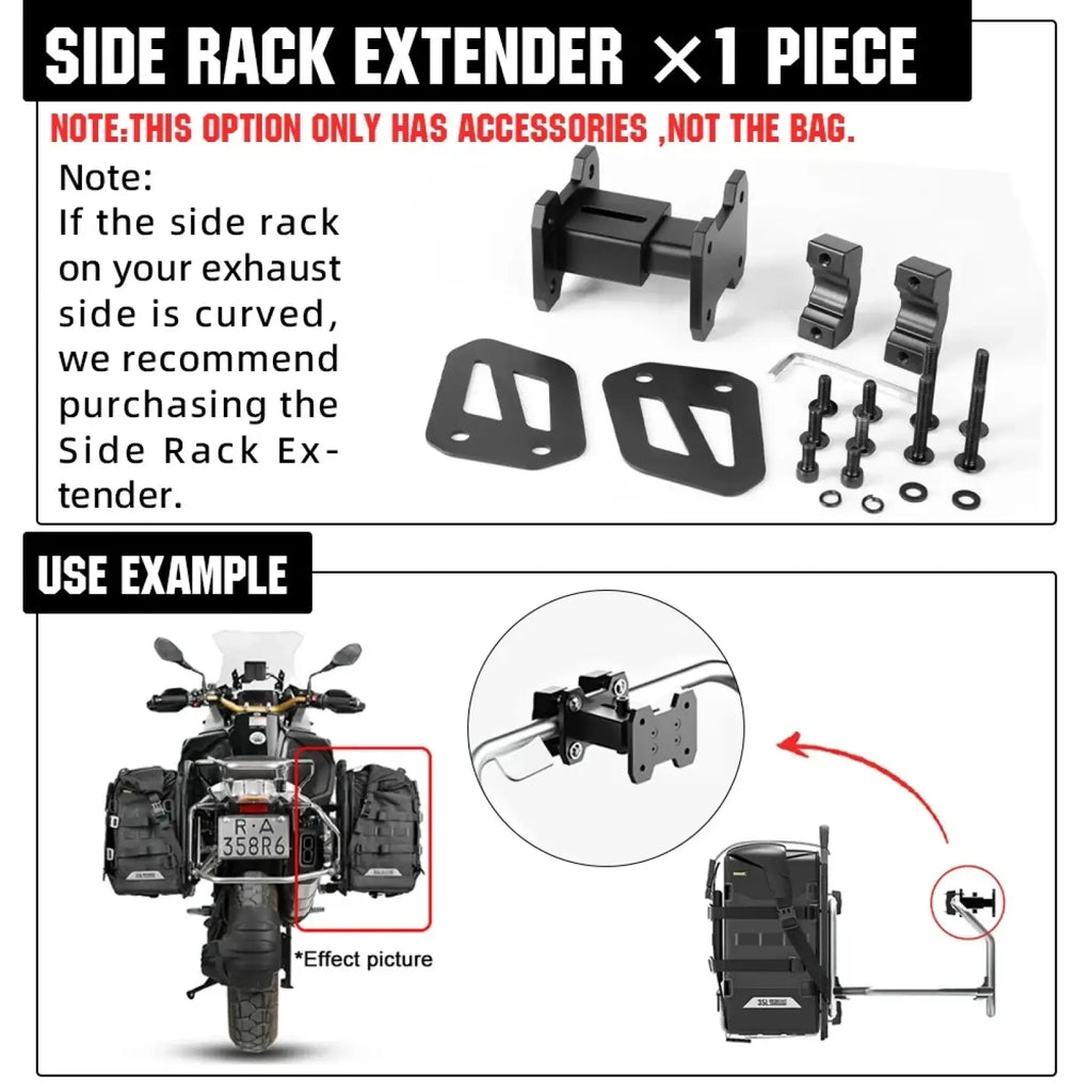 Black metal side rack extender kit for motorcycle luggage by Rhinowalk model Mjx2004 shown from the back side