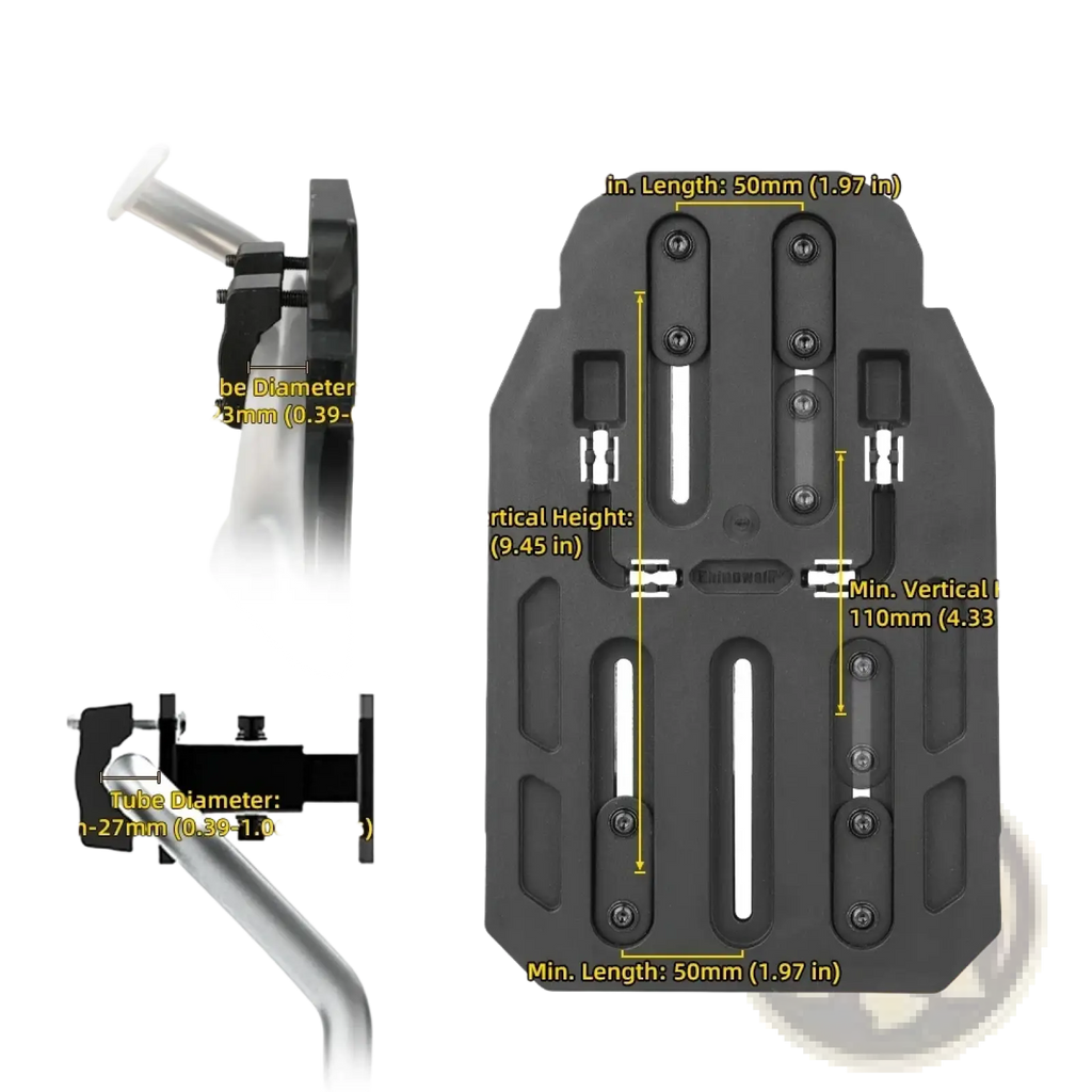 Black plastic rhinowalk motorcycle side rack extender mjx2004 with adjustable slots and mounting hardware back view