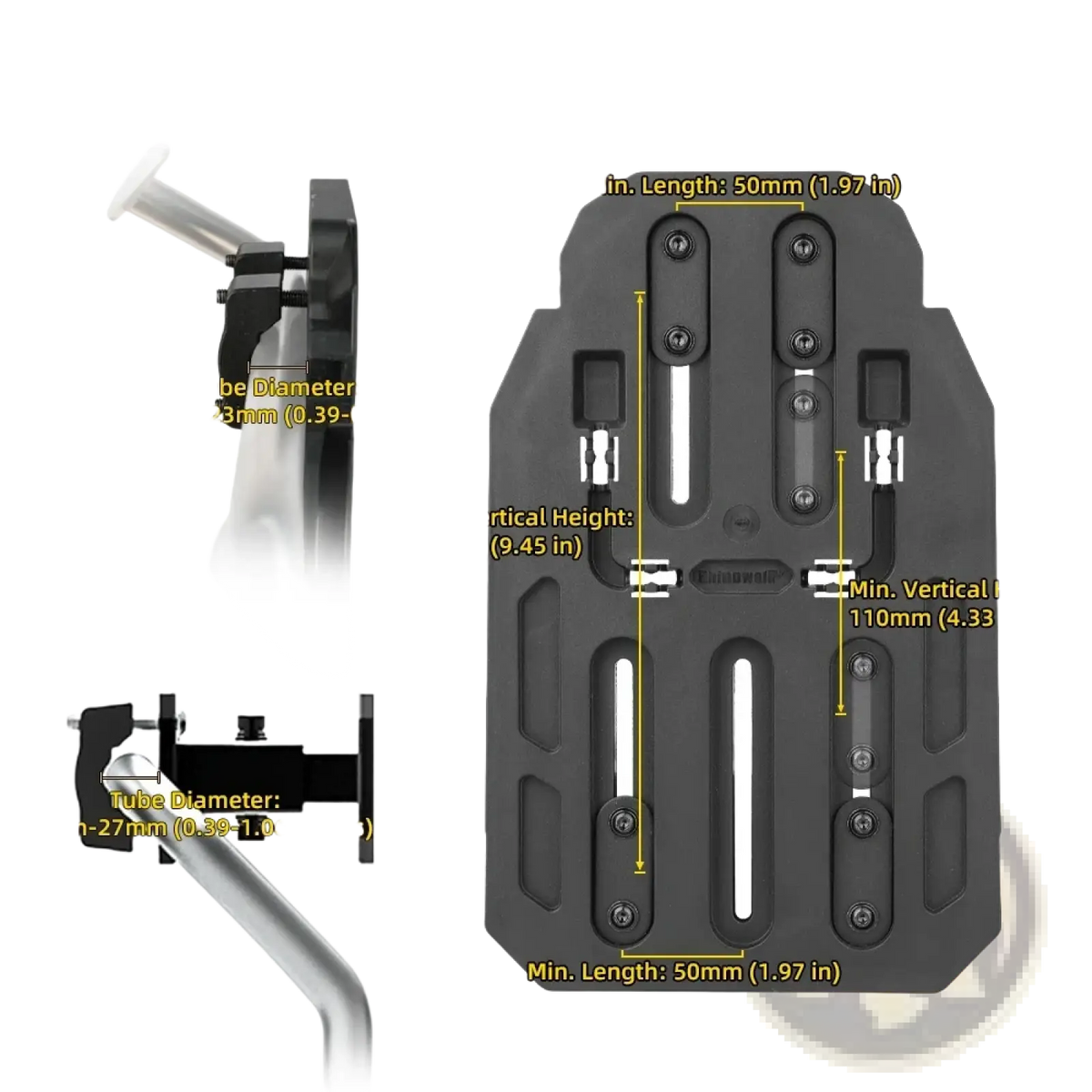 Black plastic rhinowalk motorcycle side rack extender mjx2004 with adjustable slots and mounting hardware back view
