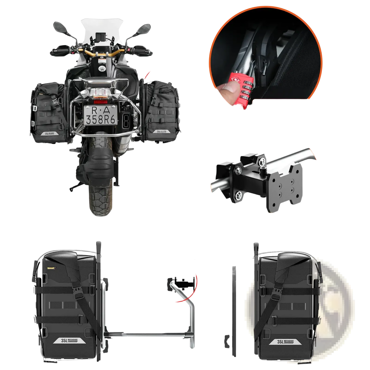 Black Rhinowalk motorcycle side rack extender Mjx2004 with reinforced straps and metal mounting bracket shown from back side