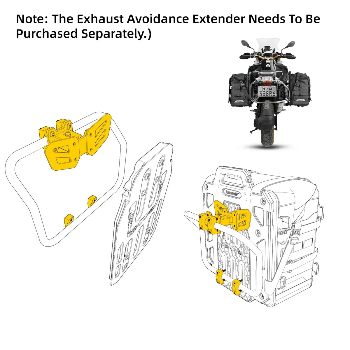 Yellow metal exhaust avoidance extender for motorcycle side cases by rhinowalk seen from the back side