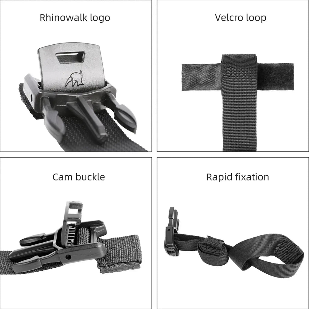 Black rhinowalk motorcycle strap for mt series bags with metallic logo plate velcro loop and rapid fixation cam buckle