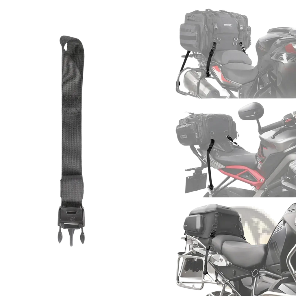 Black webbing strap with black plastic buckle for securing rhinowalk mt series motorcycle luggage bags