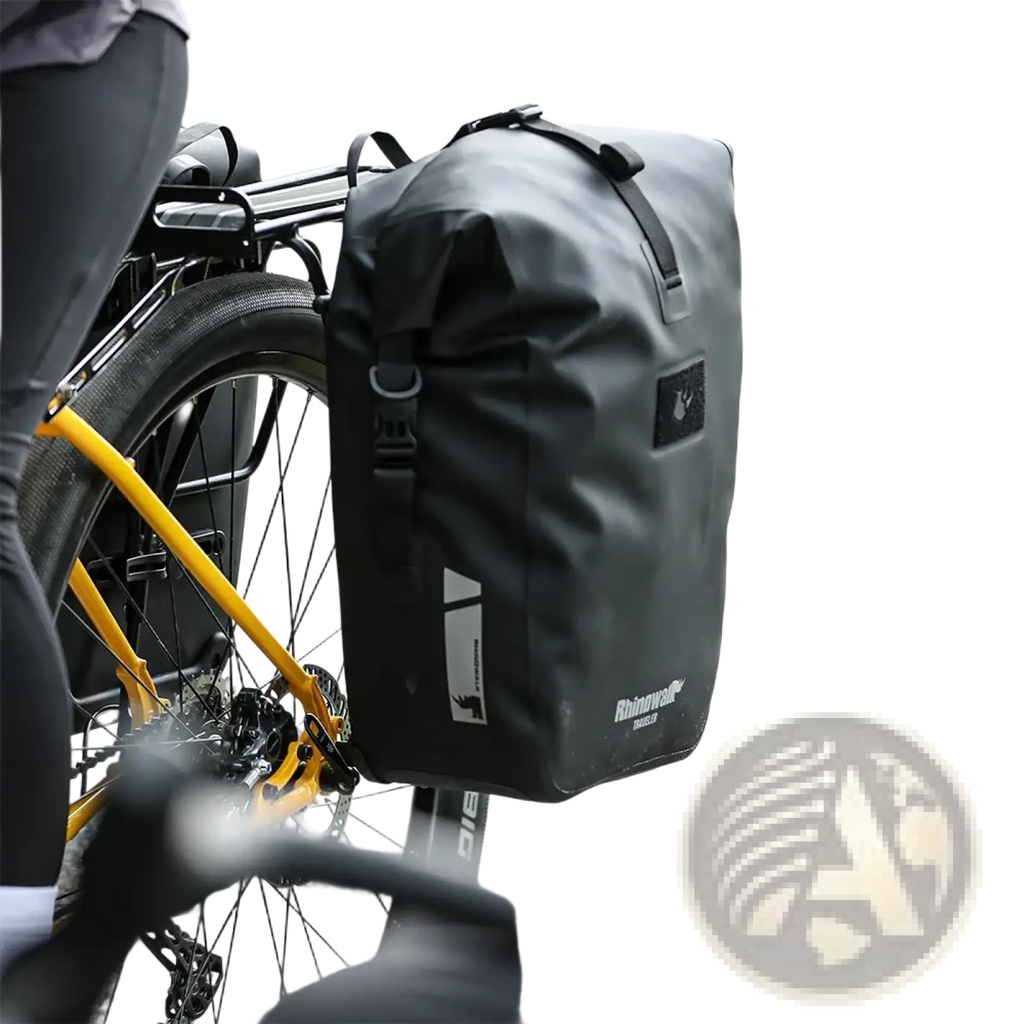 Black waterproof Rhinowalk bicycle pannier bag with reinforced straps and brand logo patch on front side
