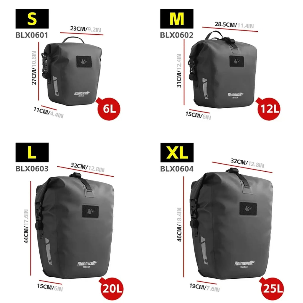 Black waterproof bike pannier bags in s m l xl sizes from Rhinowalk designed for durable outdoor cycling use