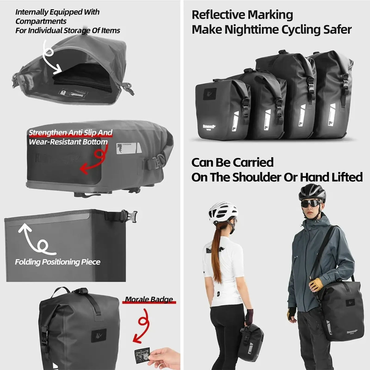 Black rhinowalk waterproof bicycle pannier bag with reflective stripes and morale badge shown from the back side