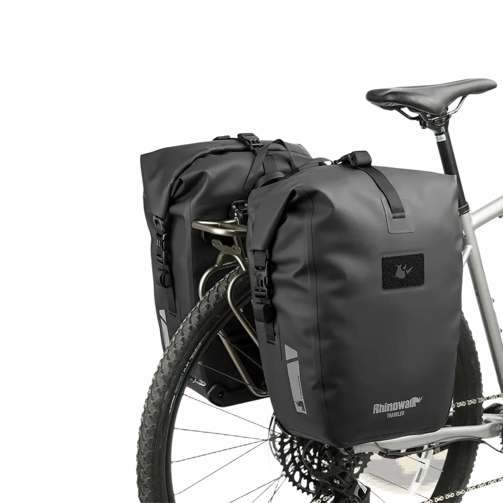 Black rhinowalk waterproof bicycle panniers with roll-top closure and reflective stripes for secure travel