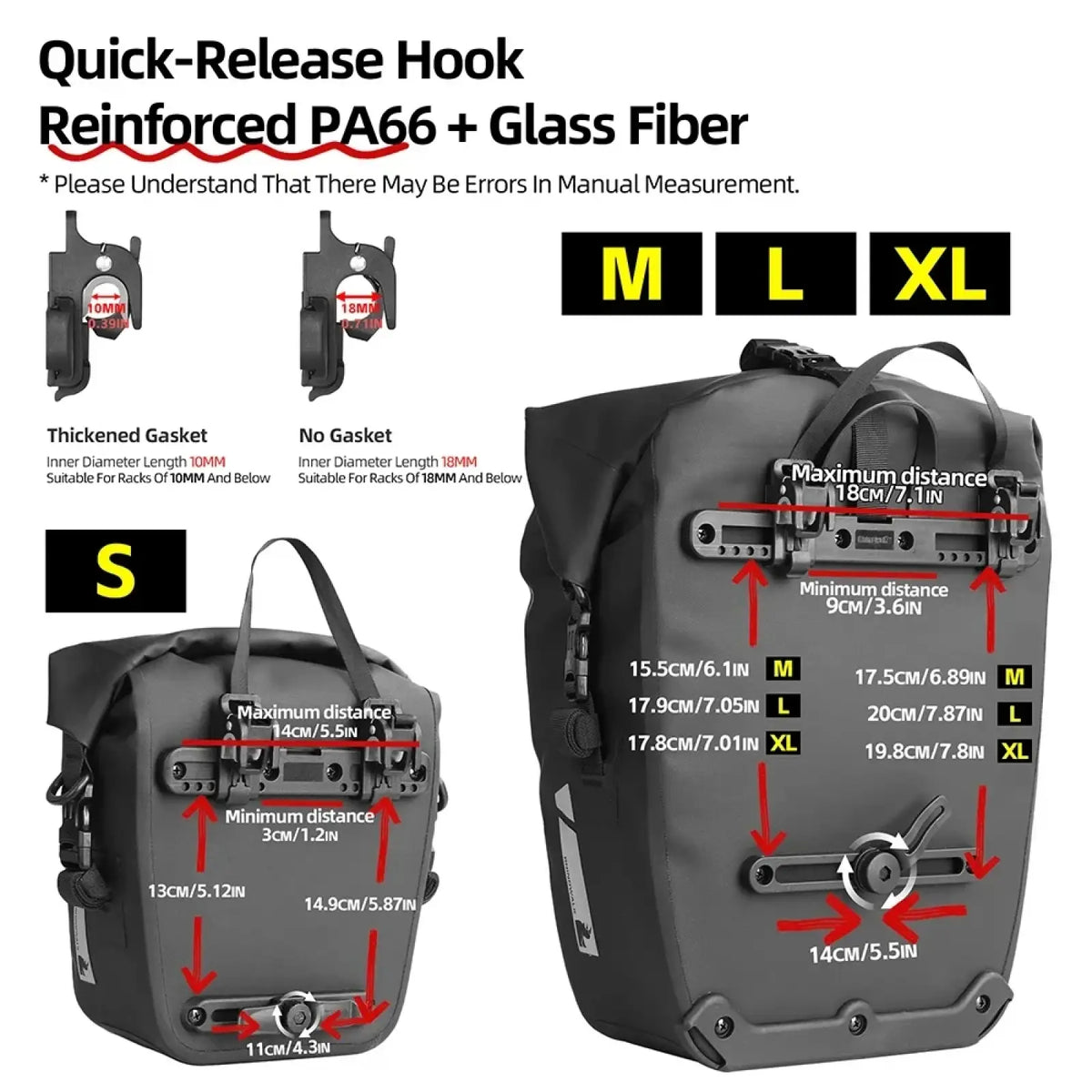 Dark gray reinforced PA66 glass fiber rhinowalk waterproof bicycle pannier bag with quick-release hook system shown from the back
