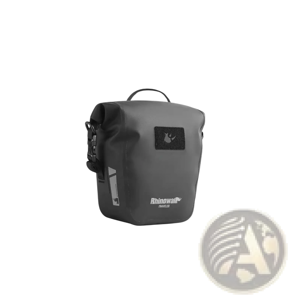 Gray waterproof Rhinowalk bicycle pannier bag with black accents designed for durable outdoor cycling use
