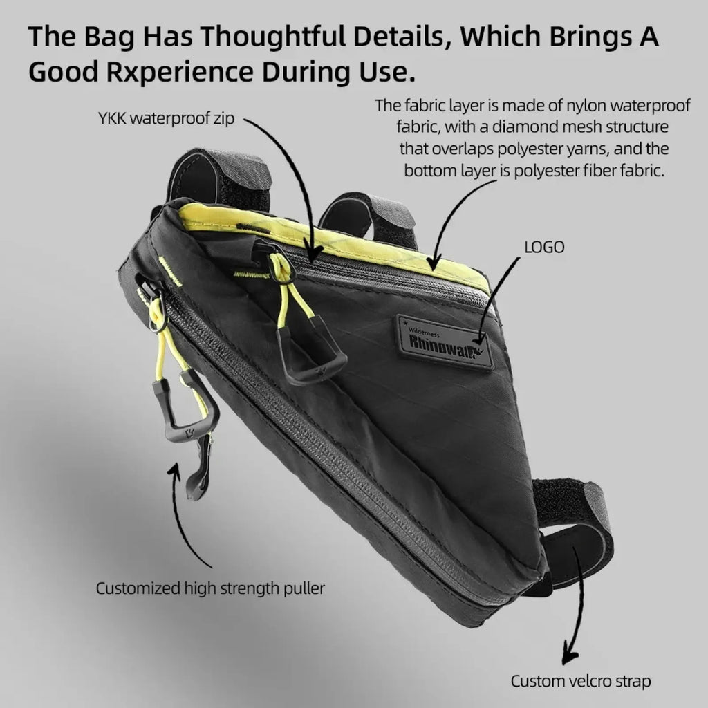 Black nylon waterproof Rhinowalk bike frame bag with yellow zipper pulls and logo patch for cycling use