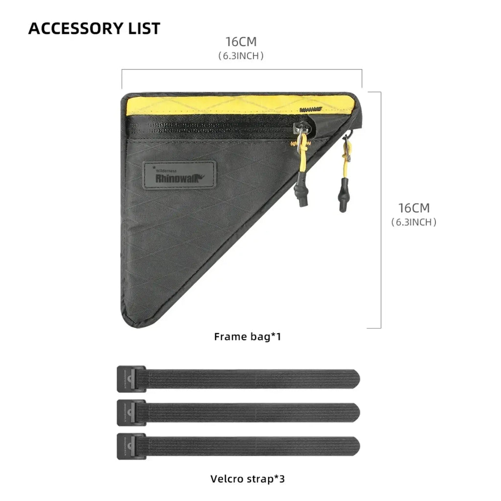Black Rhinowalk waterproof bike frame bag with yellow zipper and trim featuring a branded patch