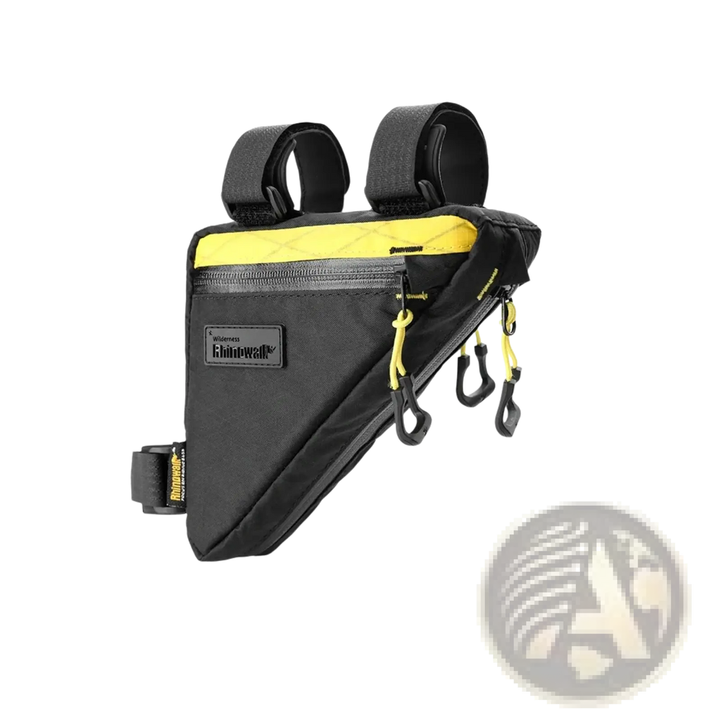 Black and yellow triangular rhinowalk waterproof bike frame bag with reinforced stitching adjustable straps and branded patch