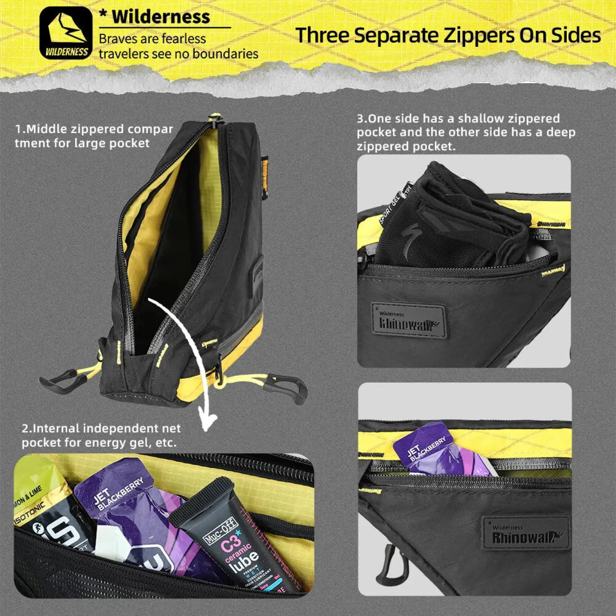Black and yellow rhinowalk waterproof bike frame bag with three side zippers shown from the back side