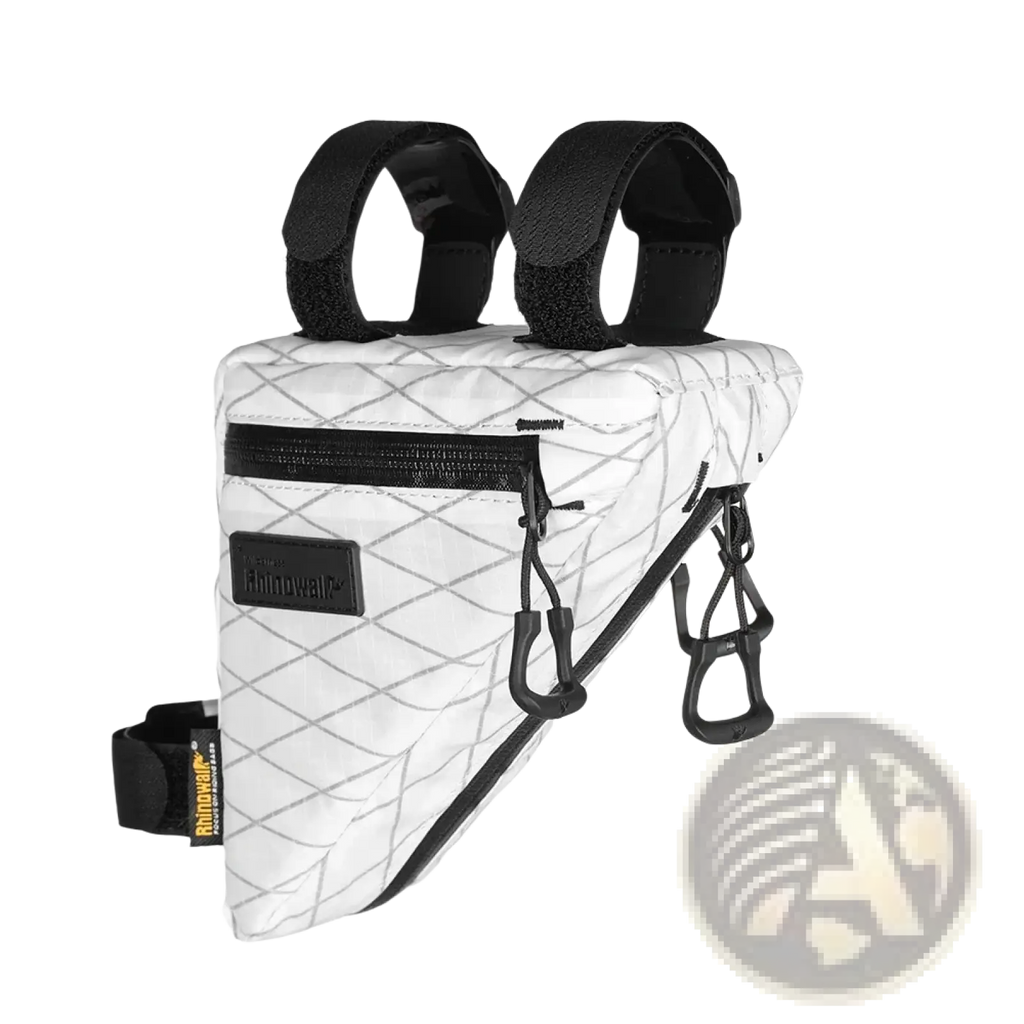 White quilted rhinowalk waterproof bike frame bag with black straps and diamond pattern for secure storage