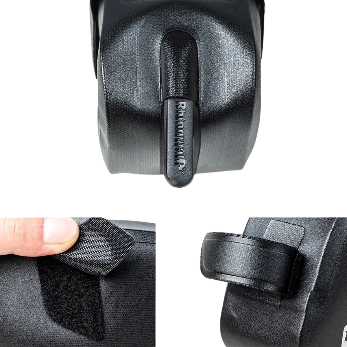 Black rhinowalk waterproof bike saddle bag with textured durable material and secure strap closure visible from back side