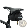 Black Rhinowalk waterproof bike saddle bag with reflective strip and white logo attached to seat post backside