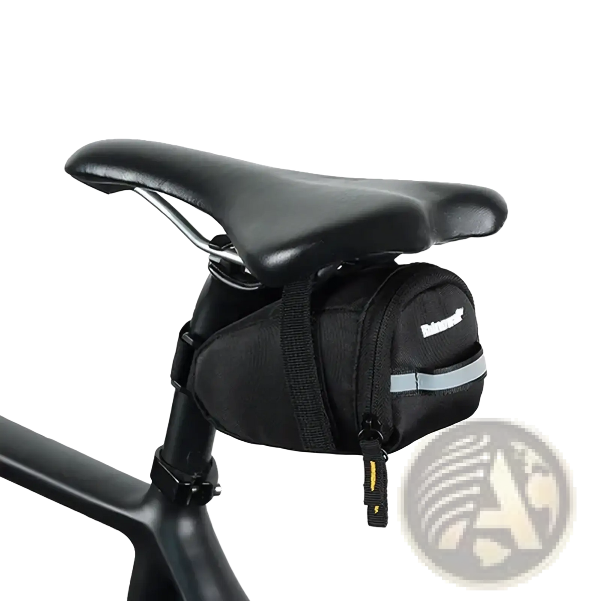 Black Rhinowalk waterproof bike saddle bag with reflective strip and white logo attached to seat post backside
