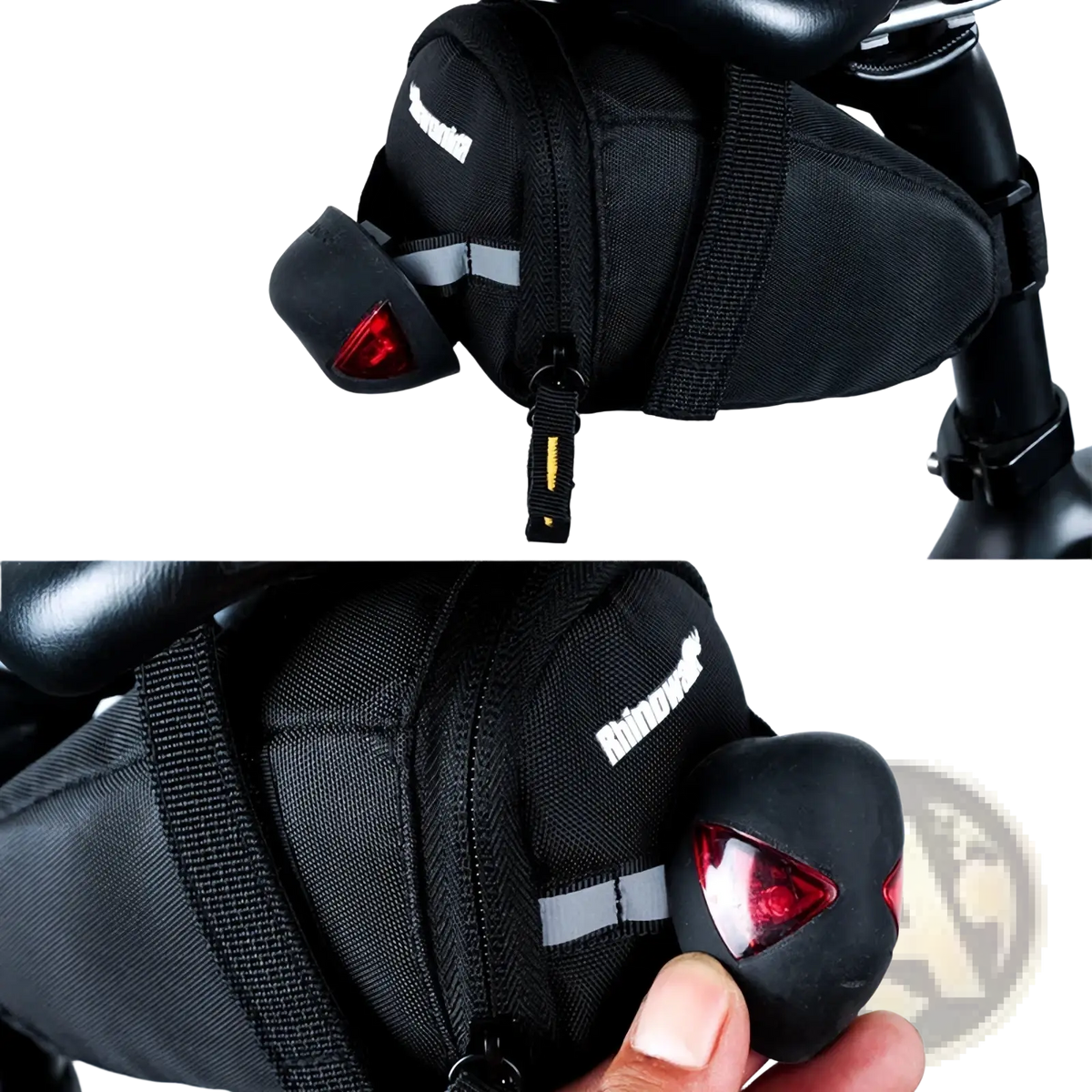 Back side of black rhinowalk waterproof bike saddle bag with red led tail light attached for cycling safety