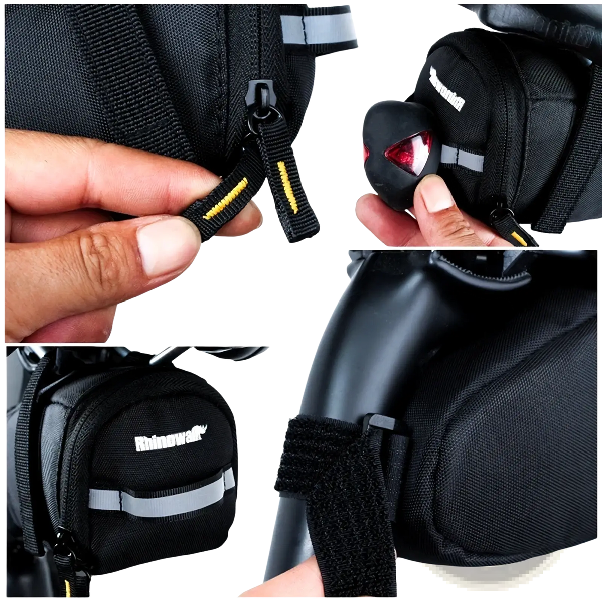 Black rhinowalk waterproof bike saddle bag with reflective gray stripes yellow zipper pulls and led tail light