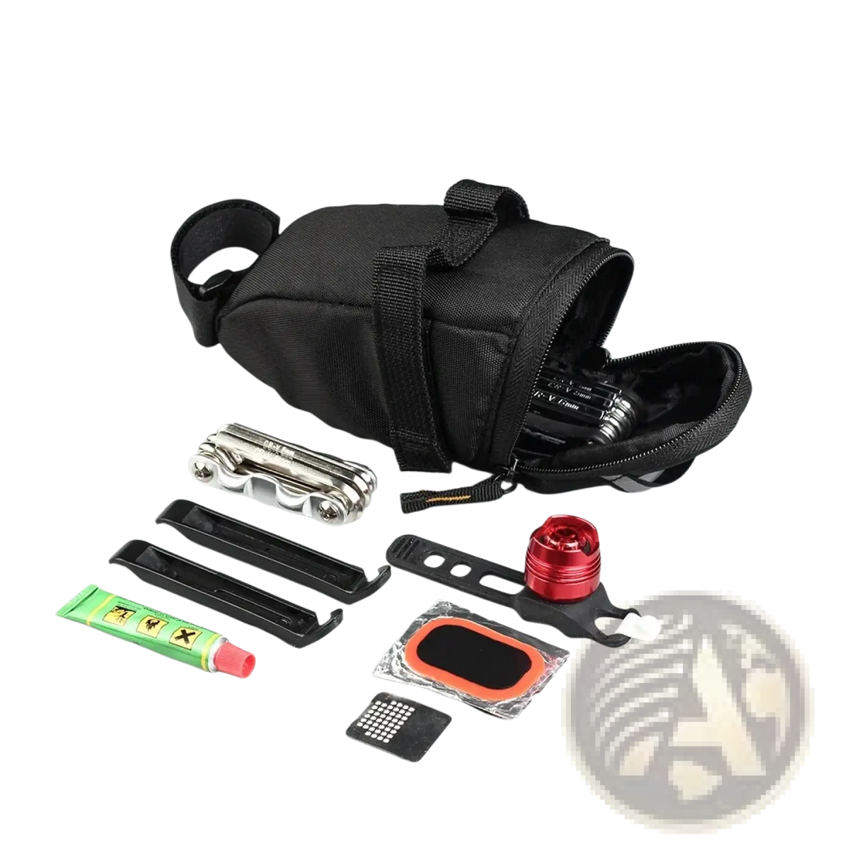 Black rhinowalk waterproof bike saddle bag with zipper and straps showing tools and led tail light from the back side